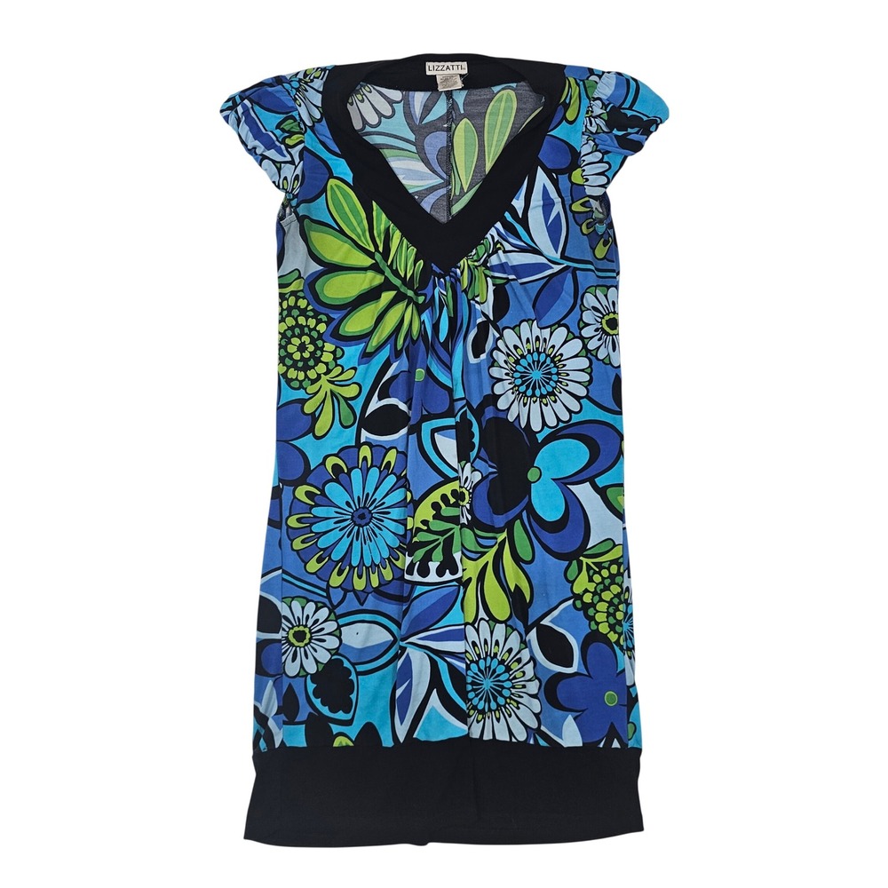 Lizzatti Womens Blue Green Floral V-Neck‎ Cap Sleeve Tunic Top Size 4 RN 58142